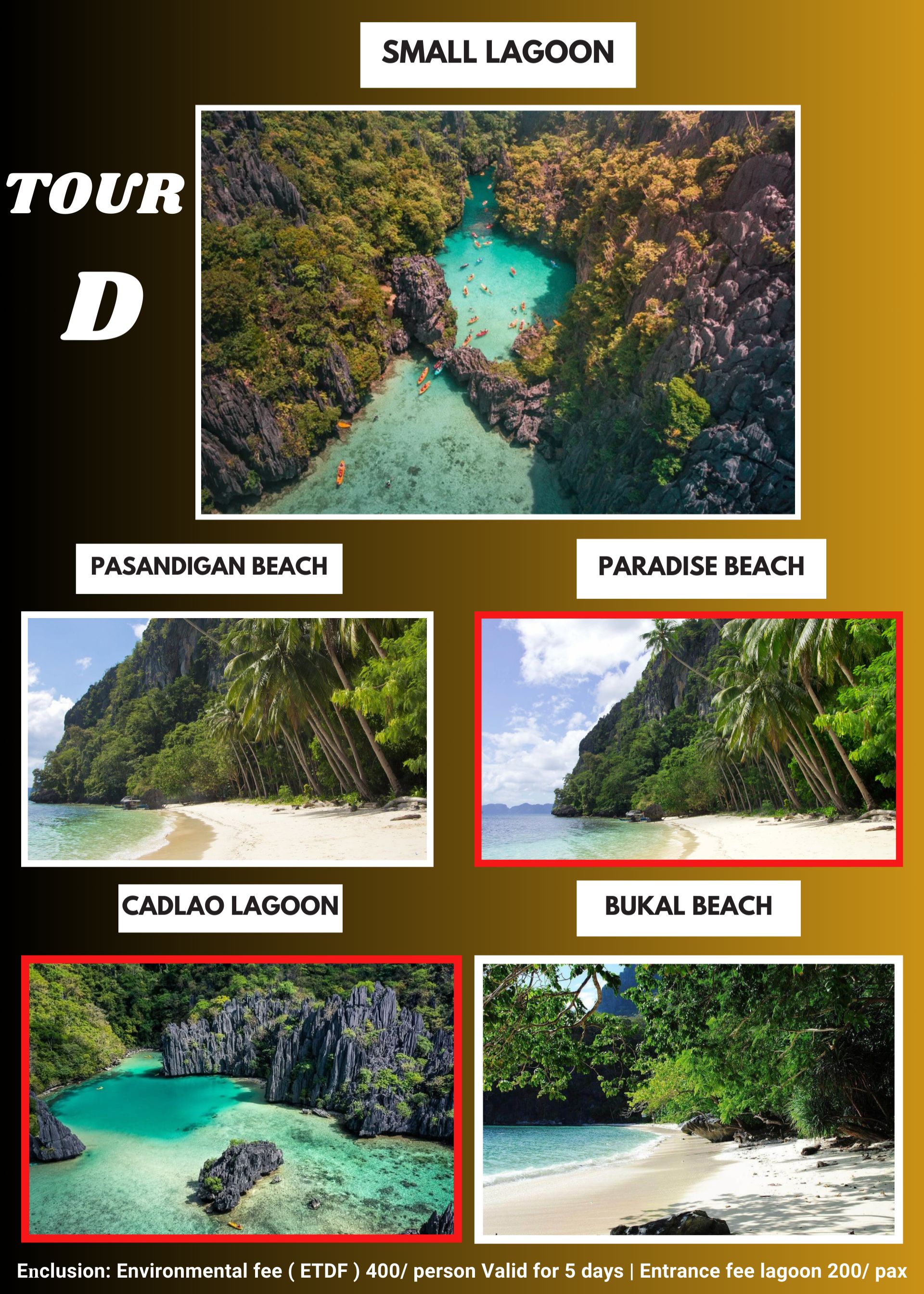 Tour D — Small Lagoon, Cadlao Island, Paradise Beach, Bukal Beach